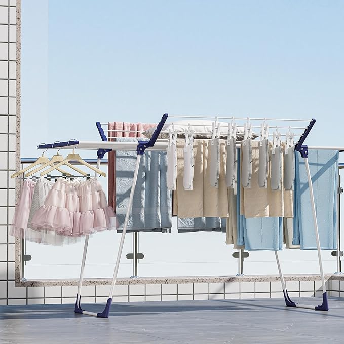 APEXCHASER Clothes Drying Rack, Foldable Gullwing Laundry Rack for Indoor Outdoor, 10pcs Clips with Bag, Collapsible Space-Saving Drying Rack for Clothes Towels Dolls, White-Ruum Studio Home