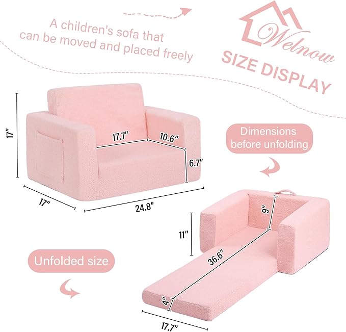 Welnow 2-in-1 Kids Sofa Chair, Convertible Toddler Chair Flip Out Children Sofa Chair Folding Kids Play Sofa with Side Pockets & Removable Cover Armrest Chair for Girl or Boy-Ruum Studio Home