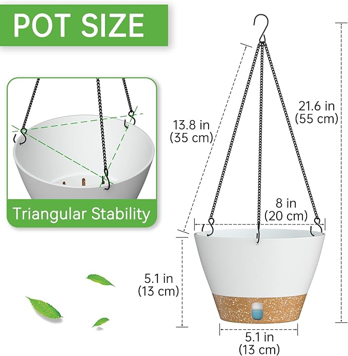 ZMTECH 8 Inch Hanging Planters for Indoor Plants, Hanging Baskets for Plants Outdoor with Visible Water Level, Hanging Flower Pots with Drainage Holes & Removable Tray(2 Pack, White)-Ruum Studio Home