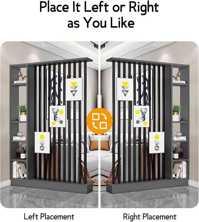 Wall Room Divider, Storage Cabinet Storage Display with Shelves, Modern Freestanding Wood Room Divider Screen, Wall Privacy Screens for Home Decorative (Grey+Black,55" L x 9.5" W x 79.5" H)-Ruum Studio Home