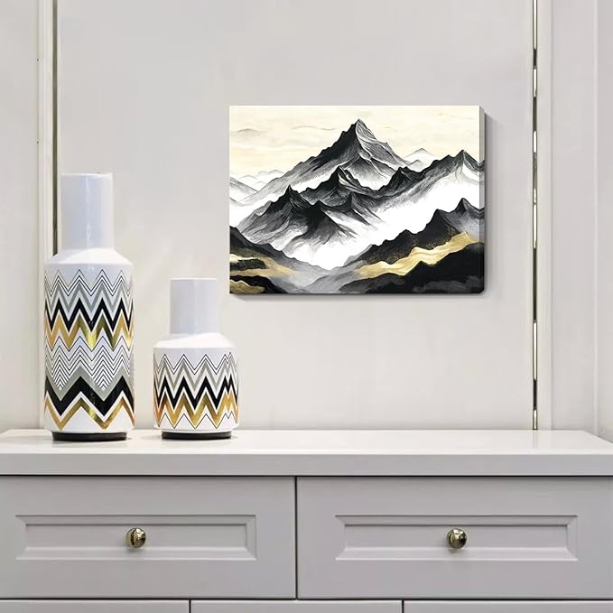 amatop Black and White Mountain Wall Art – Minimalist Modern Landscape Canvas Print Nature Scene Picture Bathroom Bedroom Office Wall Decor, Small Tranquil Misty Hills Zen Artwork for men, 16x12 Inch-Ruum Studio Home