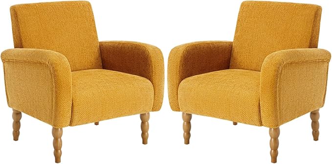 Chenille Fabric Accent Chairs Set of 2, Upholstered Armchair with Solid Wood Legs, Modern Living Room Accent Chair, Comfy Single Sofa Reading Club Chair for Bedroom Reception Lounge, Yellow-Ruum Studio Home