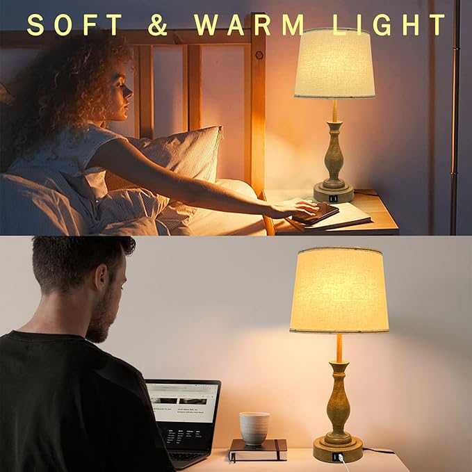 Farmhouse Table Lamp Touch Control 3-Way Dimmable Table Lamp, Modern Nightstand Lamp with 2 USB Port Bedside Desk Lamp with Fabric Shade for Living Room (Pack 1-Beige Shade & Touch)-Ruum Studio Home