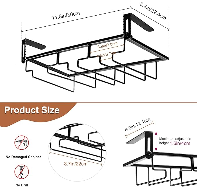 AUHOKY 2Pcs Adjustable Wine Glass Rack Under Cabinet, Punch-Free 3 Rows Stemware Metal Holder, Hanging Glass Storage Hanger Organizer for Shelf Kitchen Bar Decor (3 Rows, Black)-Ruum Studio Home