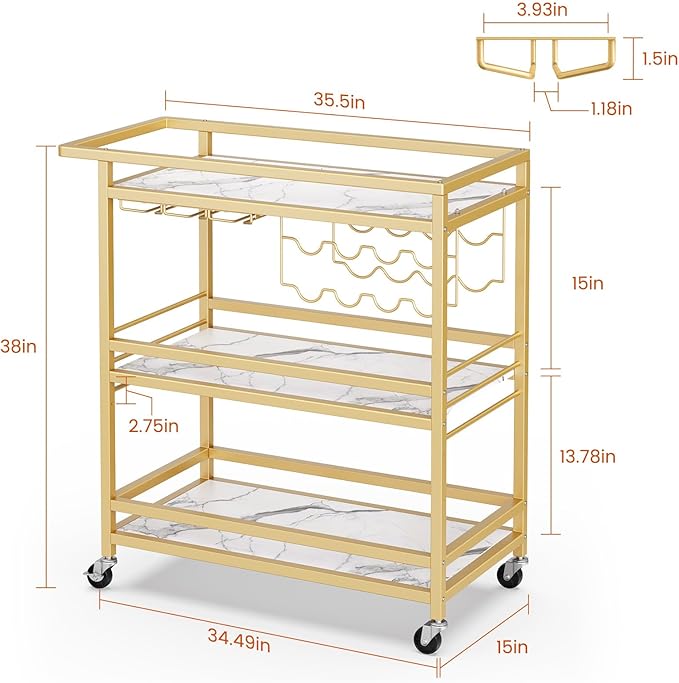 Leteuke Bar Cart for Home, 3 Tier Gold Serving Rolling Carts with Wheels, Drink Cart, Liquor Stand with Marbled Wooden Shelves, Wine Rack and Glass Holder for Kitchen, Dining Room-Ruum Studio Home