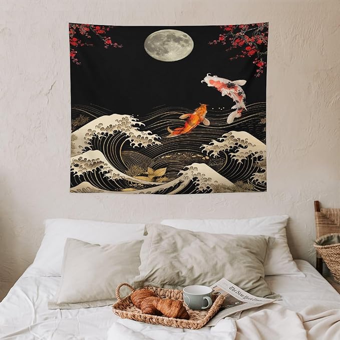 Houselerax Koi Fish Tapestry, Japanese Style Yin Yang Big Wave Cherry Blossom Tapestries Wall Hanging for Bedroom Living Room Office Decor 60"x50"-Ruum Studio Home