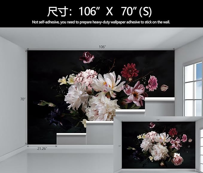 Dark Floral Wallpaper Mural Vintage Peony Flowers Black Background Wall Mural Bedroom (Not Peel and Stick)-Ruum Studio Home