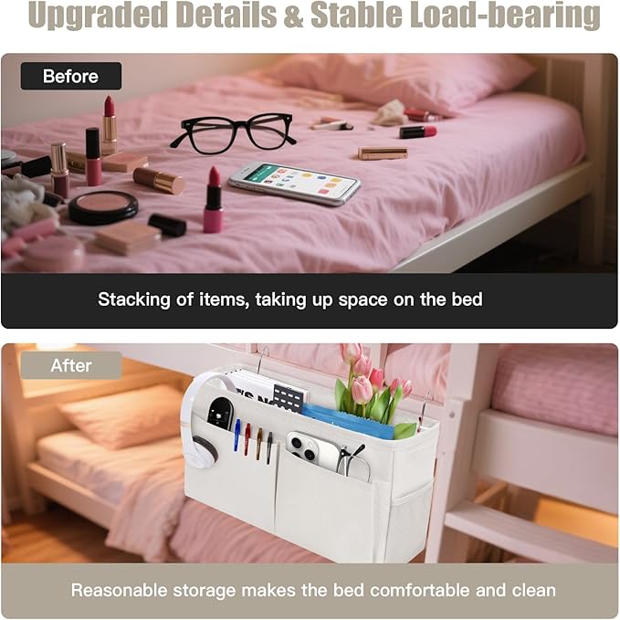 Bedside Caddy Organizer with Fixed Straps, Bunk Bed Caddy ideal for Home, Bunk Bed, Dorm, Hospital, Crib, Versatile Bedside Storage Solution (Beige)-Ruum Studio Home