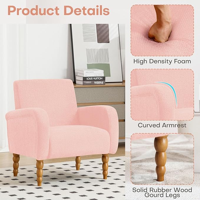 Chenille Fabric Accent Chair, Upholstered Armchair with Solid Wood Legs, Modern Living Room Accent Chair, Comfy Single Sofa Chair Reading Club Chair for Bedroom Reception Lounge, Pink-Ruum Studio Home