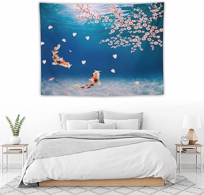 Japanese Koi Fish Tapestry, Cherry Blossoms Asian Oriental Blue Floral Branch Koi Fish Carp Tapestries Wall Hanging for Bedroom Living Room Office Decor 40"x30"-Ruum Studio Home