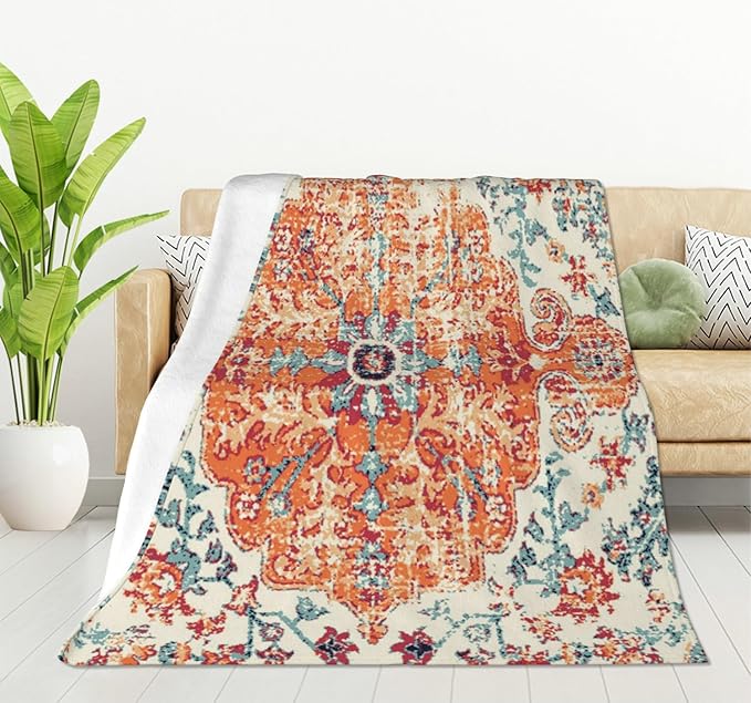 HGOD DESIGNS Carpet Pattern Throw Blanket Boho Style Ethnic Design Orange Blue Soft Blankets and Throws 50x60 Inch Caring for Women Men (130x150cm)-Ruum Studio Home