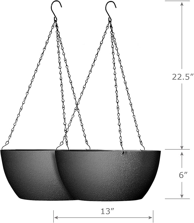 13 inch Large Hanging Planters Plant Pots for Outdoor Indoor Plants with Drainage Holes and Chain, 2 Pack Round Hanging Flower Pots for Garden Home Porch Decor, Black-Ruum Studio Home