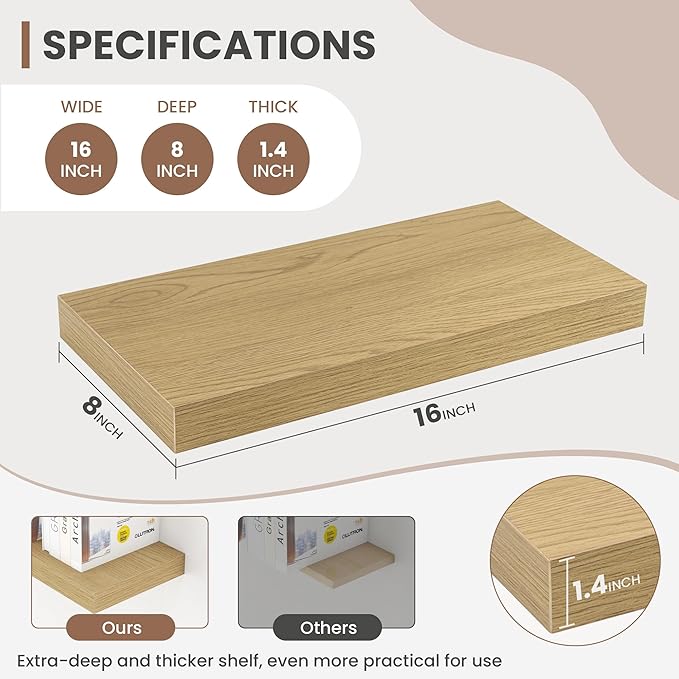 16 Inch Floating Shelves, 8 Inch Deep Floating Shelves for Wall, Hanging Shelf with Invisible Brackets, Deep Shelves for Bathroom, Bedroom, Living Room, Oak, Set of 2-Ruum Studio Home