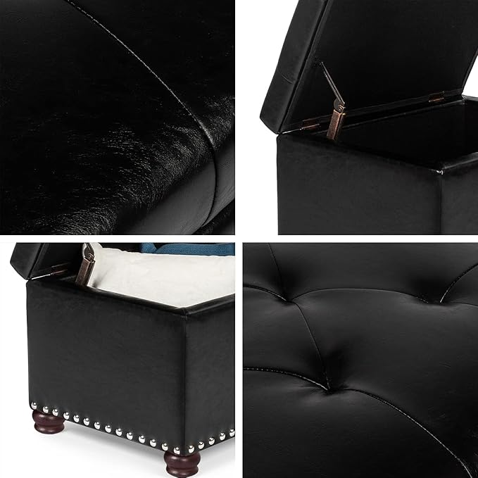 24'' Leather Storage Ottoman Rectangular Foot Rest Stool with Nailhead Trim Toy Chests & Storage Room Organizer for Bedroom Living Room(Black)-Ruum Studio Home