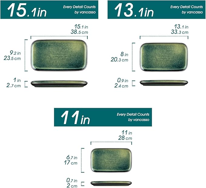 vancasso Stern Serving Platters Set of 3, 15/13/ 11 Inches Rectangular Serving Plates, Green Serving Trays for Entertaining, Party-Ruum Studio Home