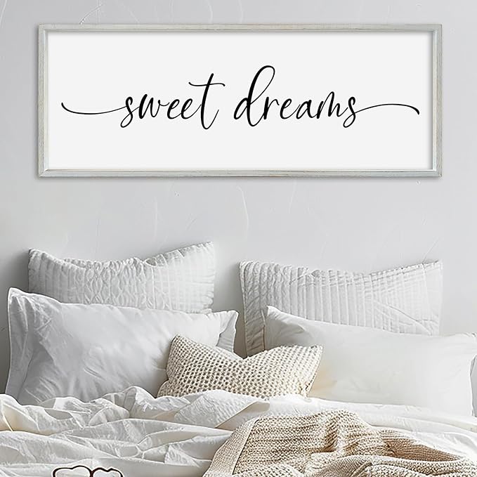 SRSZHIYUE Sweet Dreams Above Bed Wall Decor, 32"x12" Large Rustic Master Bedroom Over Bed Sign Guest Room Couples Wood Framed Farmhouse Horizontal Hanging Decoration (White)-Ruum Studio Home