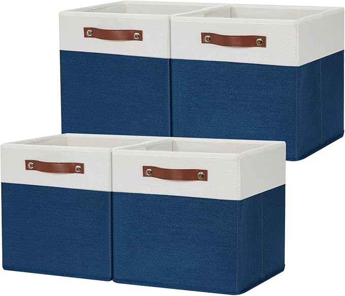 HNZIGE Cube Storage Baskets,Fabric Storage Cubes 12 x 12, Set of 4,Decorative Storage Baskets for Organizing with Handles,Blue Square Bins for Organizer Home Toy Nursery Closet(Blue White)-Ruum Studio Home
