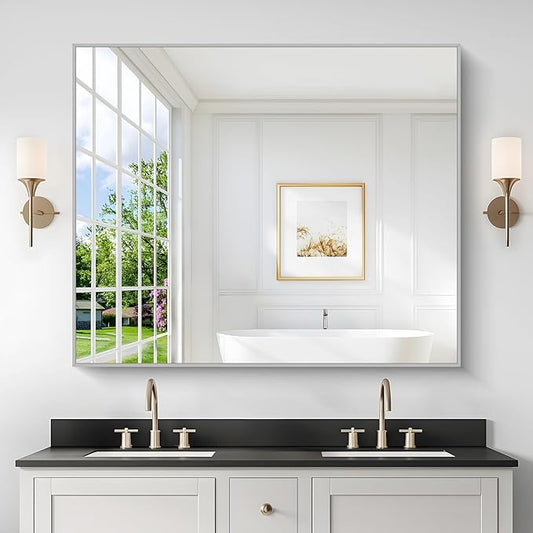 40x48inch Silver Bathroom Mirror, Silver Rectangle Mirror with Frame, Large Rectangular Wall Mirrors for Bathroom, Living Room, Hair Salon, Big Farmhouse Mirror Hang Horizontal/Vertical-Ruum Studio Home