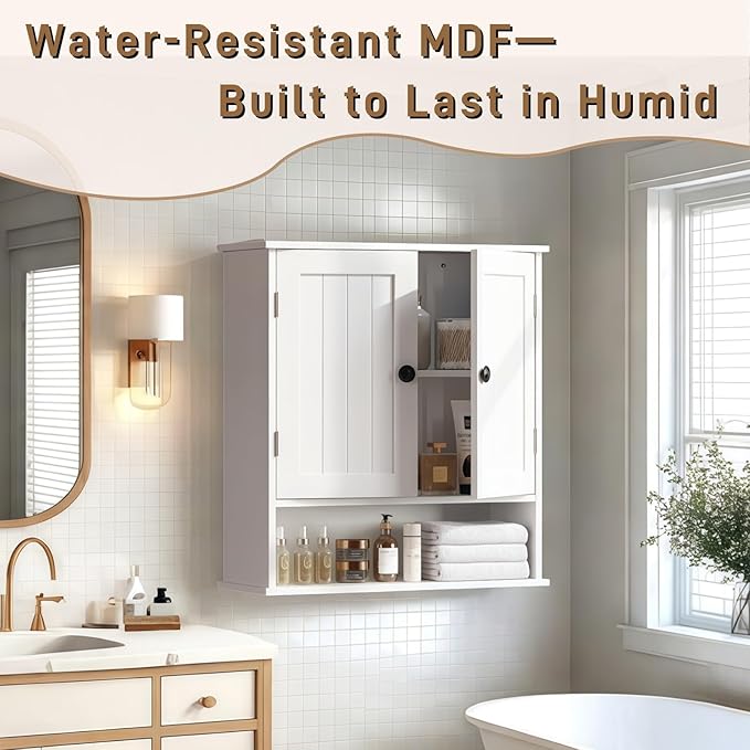 White Bathroom Cabinet Wall-Mounted, Storage Cabinets with Adjustable Shelves, Space-Saving Organizer with 2 Doors for Bathroom, Laundry, Kitchen - Moisture Resistant & Easy Install-Ruum Studio Home