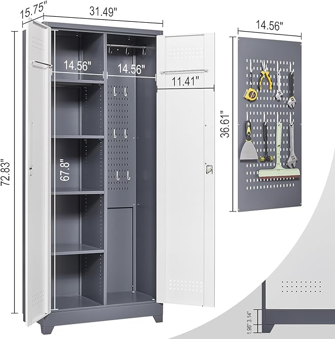 Garage Storage Cabinet,Broom Closet with Lock,Locking Cabinets with Hanging Rod & S-Hooks for School,Garage,Grey-White-Ruum Studio Home
