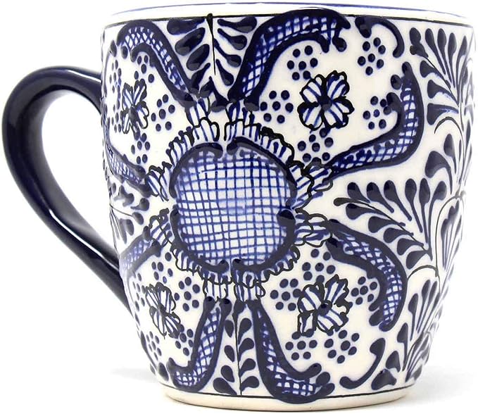 Encantada Handmade Hand-Painted Authentic Mexican Pottery Mugs (1-Pack, Cobalt Blue Flower)-Ruum Studio Home