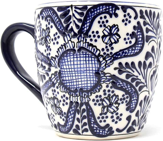 Encantada Handmade Hand-Painted Authentic Mexican Pottery Mugs (1-Pack, Cobalt Blue Flower)-Ruum Studio Home