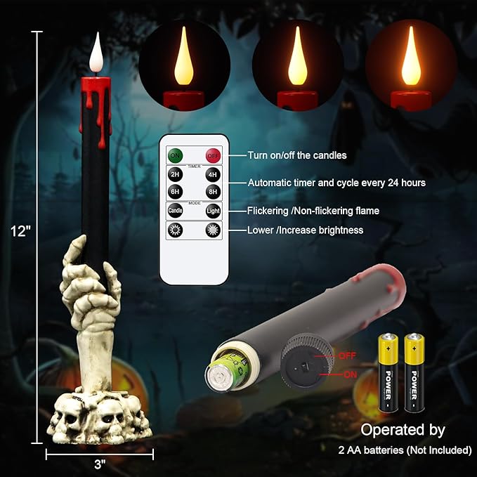 GenSwin Halloween Black Taper Flameless Candles with Ghost Hand Candlesticks and Remote Timer, 2 Pcs Battery Operated Taper Candles with Holder and 3D Flame for Halloween Decor-Ruum Studio Home