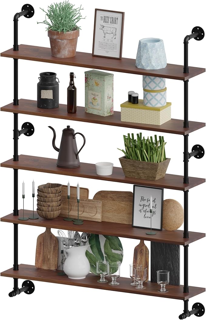 Industrial Pipe Wall Shelves Pipe Shelving with Real Wood Plank ,48 Inches Floating Shelves for Wall Farmhouse Pipe Book Shelves Dark Brown 5 Tier for Kitchen,Living Room Decor and Bar Shelving-Ruum Studio Home