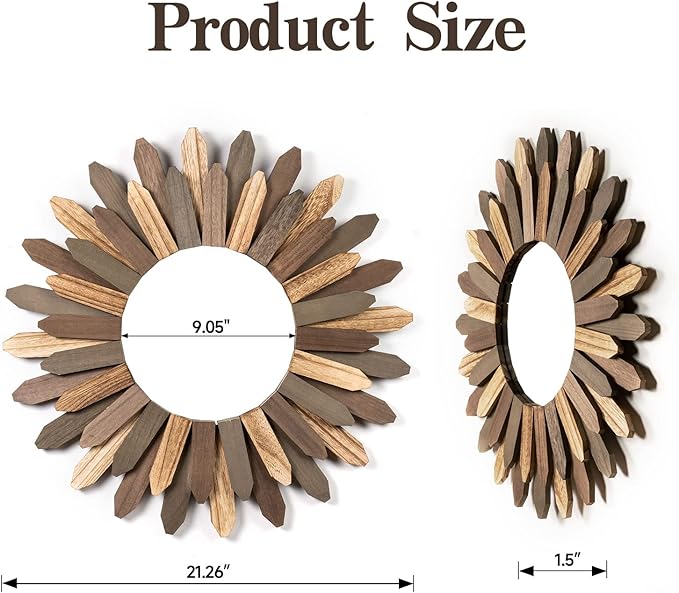 Honiway Boho Wall Decor 21 inch Wall Mirror Rustic Wood Decorative Mirror for Room Decor Rustic Home Decor Farmhouse Wall Decor at Living Room Bedroom Bathroom Hallway Trilcolor-Ruum Studio Home