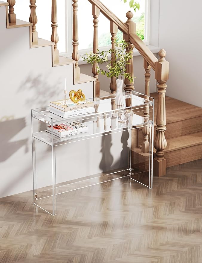 Acrylic Console Table, Entryway Table with Storage Shelves (1, 39.4 * 31.5 * 11.7) (Clear)-Ruum Studio Home