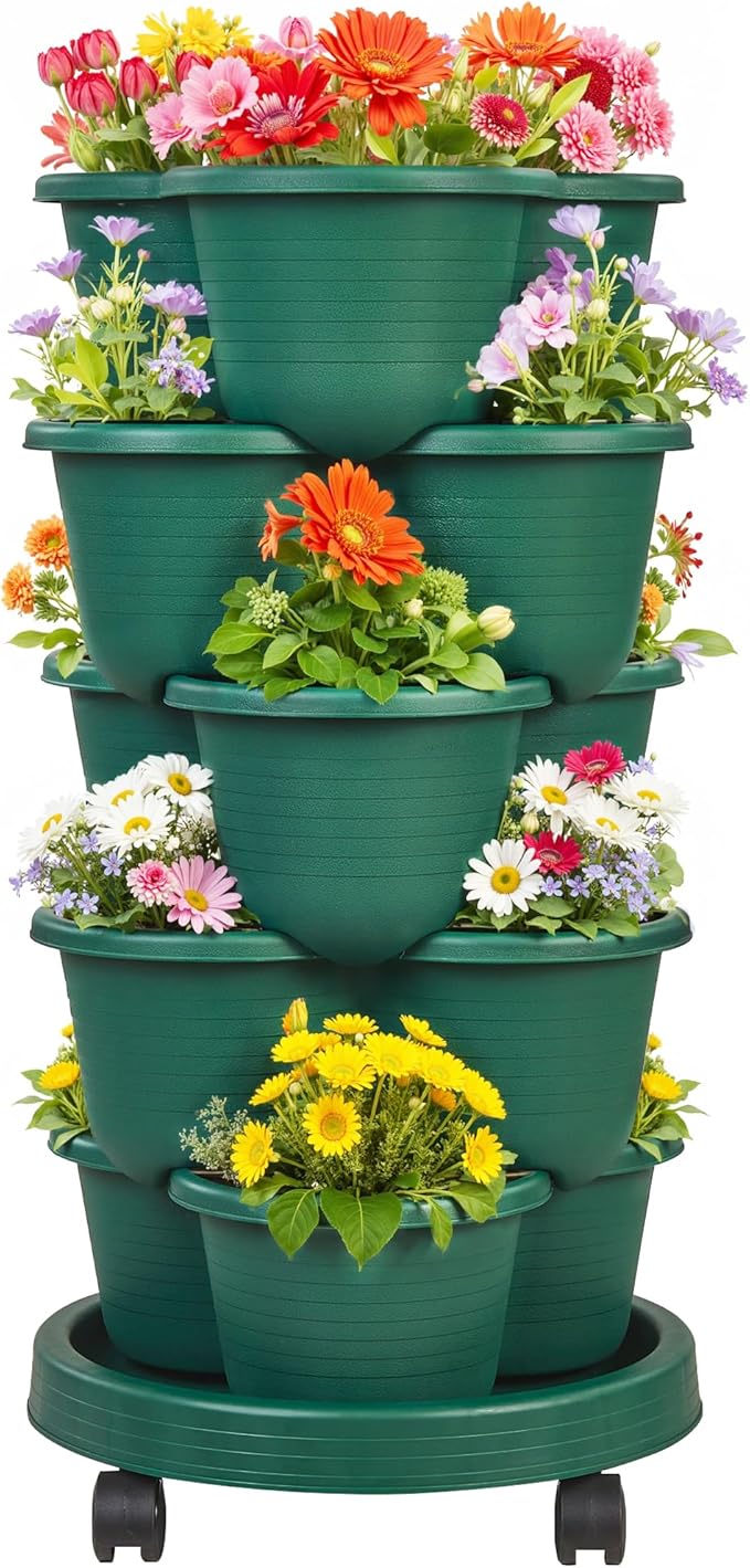 VECELO 5 Tier Vertical Garden Planter, Self Watering Stackable Planters with Wheels for Strawberries, Herbs, Flowers, Vegetables, Dark Green-Ruum Studio Home
