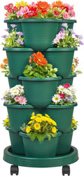 VECELO 5 Tier Vertical Garden Planter, Self Watering Stackable Planters with Wheels for Strawberries, Herbs, Flowers, Vegetables, Dark Green-Ruum Studio Home