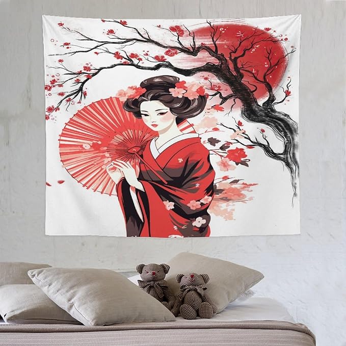 Japanese Red Geisha Tapestry Asian Cherry Blossom Traditional Kimono Folk Tapestries Home Decor for Living Room Bedroom Apartment Farmhouse Dorm 60"x50"-Ruum Studio Home