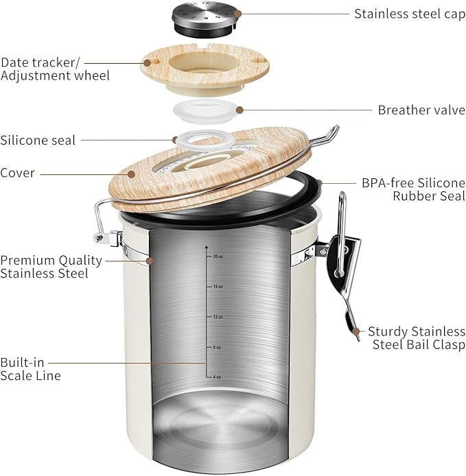 Veken Coffee Sugar Canister with Window, Coffee Lover Gift Set,Airtight Stainless Steel Kitchen Food Storage Container Gifts, Date Tracker & Scoop for Grounds Coffee,Beans,Tea,Flour,Cereal,22OZ,Cream-Ruum Studio Home