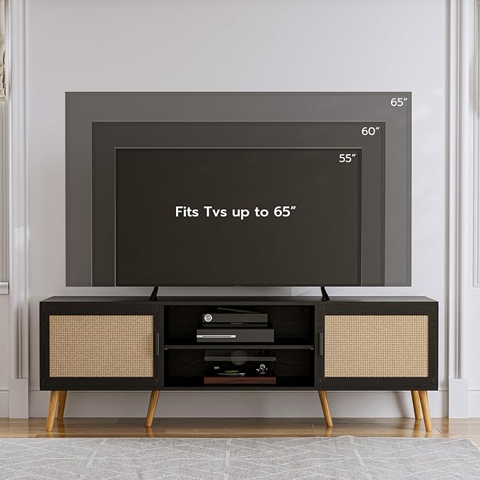 TV Stand for TVs up to 65'', Entertainment Center with Rattan Door, Shelves & 2 Cabinets, Boho Media TV Console for Living Room, Bedroom, Black-Ruum Studio Home