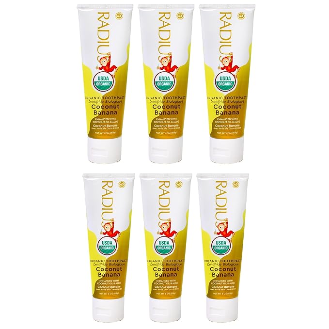 RADIUS USDA Organic Kids Toothpaste 3oz Non Toxic Chemical-Free Gluten-Free Designed to Improve Gum Health for Children's 6 Months and Up - Coconut Banana - Pack of 6-Ruum Studio Home