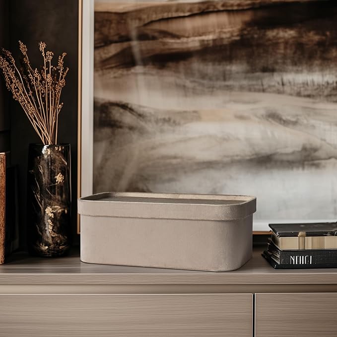 La Jolie Maison Velvet Storage Baskets with Lids, Sturdy Stackable Cardboard Boxes with Decorative Trays, Organizer Bins for Bathroom Bedroom Organizing, Taupe, Set of 3-Ruum Studio Home