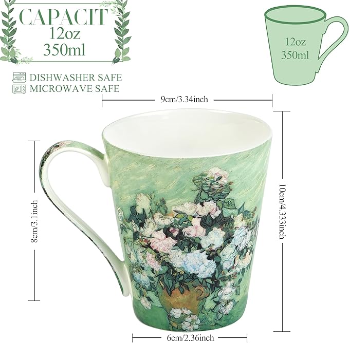 Coffee Mug Sets of 4, 12oz Bone China Porcelain Cups with Art Print Large Handle Dishwasher Microwave safe for Tea Cocoa or Hot Chocolate-Ruum Studio Home