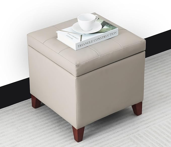 Adeco 18" PU Storage Ottoman, Upholstered Square Faux Leather Foot Rest - Flip Top Footstool with Sturdy Wood Legs, Small Cube Coffee Table Extra Seat for Living Room, Bedroom, Elephant Grey-Ruum Studio Home