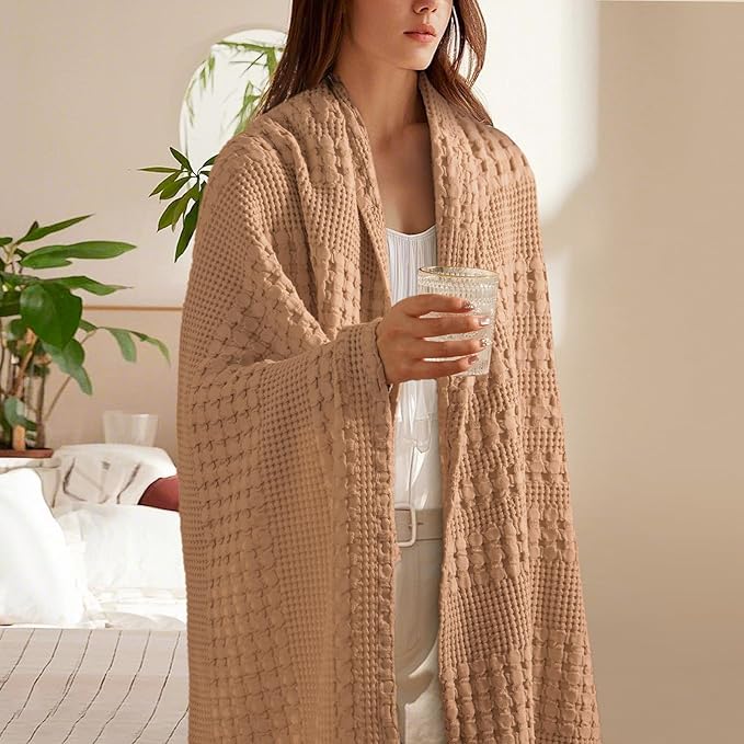 PHF 100% Cotton Waffle Weave Throw Blanket, Soft Lightweight Breathable Cozy Summer Throws for Couch Bed Sofa, Luxury Aesthetic Woven Blanket for Home Decor & Office, 50"x60", Camel-Ruum Studio Home