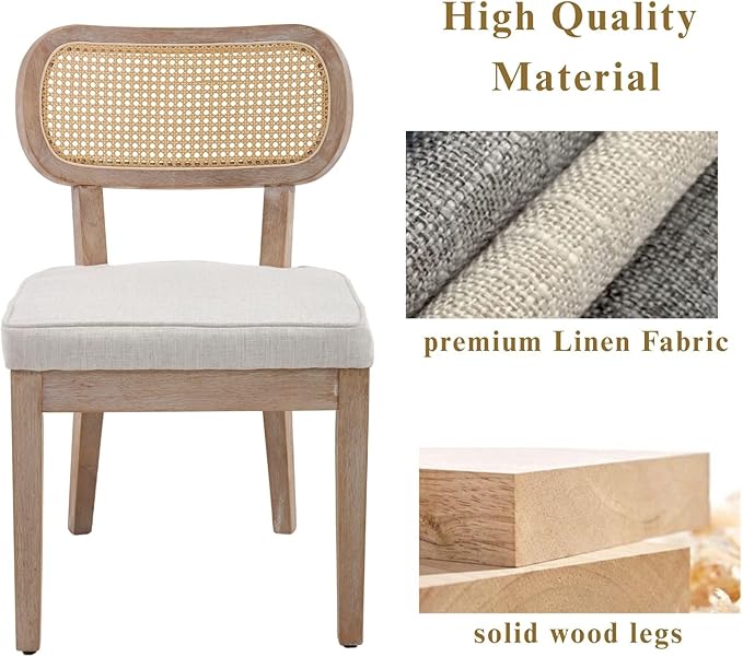 Farmhouse Rattan Dining Chairs Set of 4 Solid Wood Kitchen Chair with Cane Back French Country Upholstered Accent Chair Rustic Armless Side Chairs for Dining/Living Room/Restaurant, Beige-Ruum Studio Home