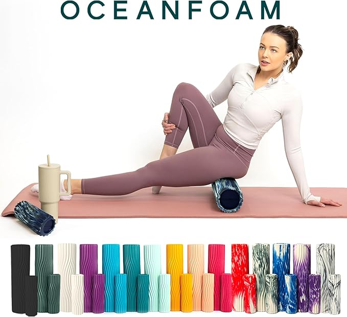Oceanfoam Tidal Roller - Dark Navy, Hunter & Seafoam Marbled - Muscle Massage Foam Roller for Back Pain & Stretching - Firm & Ergonomic Wide Wave Textured - Yoga & Athletics - Full Size, 20" x 5"-Ruum Studio Home