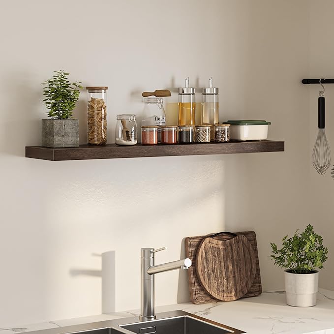 Floating Shelves for Wall, 48" W x 9.3" D x 1.5" H, Wooden Wall Mounted Display Shelves with Invisible Brackets for Living Room, Bedroom, Bathroom, Kitchen Decor and Storage, Set of 1, Walnut-Ruum Studio Home