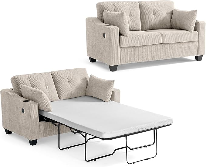 CHIC HOUSE Pull Out Sofa Bed, Full Size Sleeper Sofa, 2-in-1 Convertible Corduroy Couch with USB Charging, Memory Form Couch for Living Room, Apartment and Small Space (Beige, Corduroy - Full Size)-Ruum Studio Home