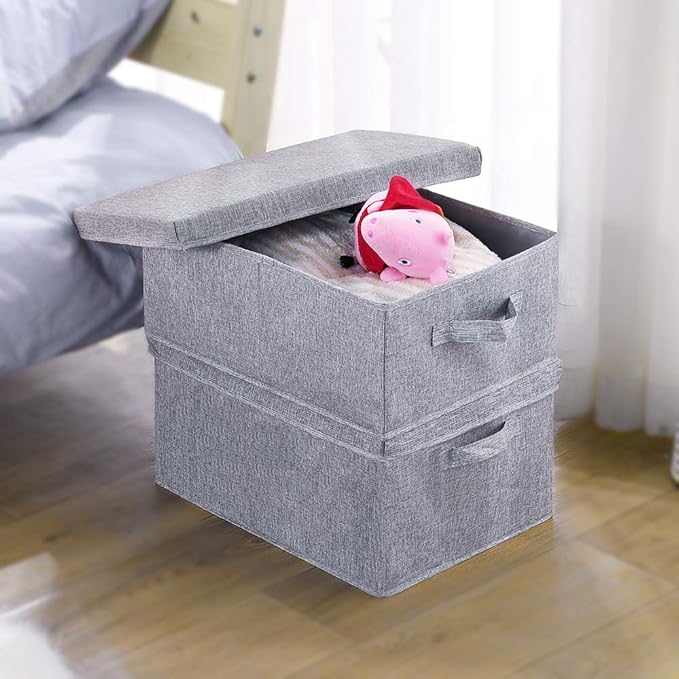 HOONEX Linen Foldable Storage Bins with Lids, 2 Pack, Storage Boxes with Carrying Handles and Sturdy Heavy Cardboard, 16.5" L x 11.8" W x 7.5" H for Shoes, Books, Clothes, Light Grey-Ruum Studio Home