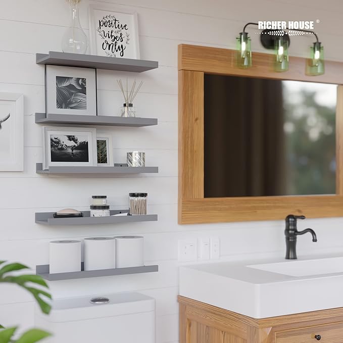 RICHER HOUSE Mounted Shelves for Wall Decor, Modern Picture Ledge Shelf with Lip for Wall Storage Nursery, Bedroom, Living Room, Bathroom - Grey-Ruum Studio Home