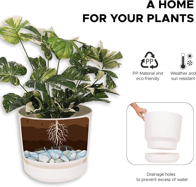 Elly Décor 8 inch Plastic Cylinder Planter Pot with Self-Watering Saucer and Drainage Hole,Lightweight & Extremely Durable, 8"x 8", White-Ruum Studio Home