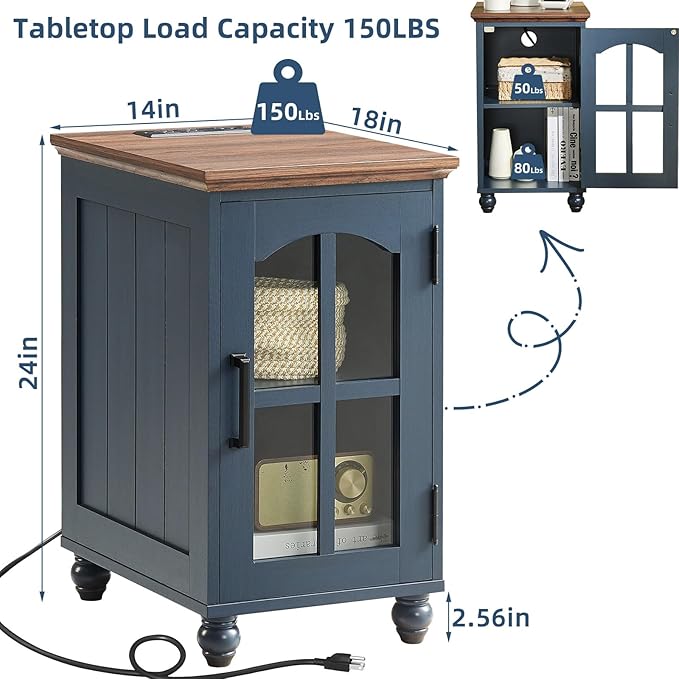Narrow Side Table Set of 2,Farmhouse Nightstand with Charging Station,End Table with Glass Barn Door Storage, Cabinet Organizer with Adjustable Shelf, Night Stand for Small Spaces Living Room Bedroom-Ruum Studio Home