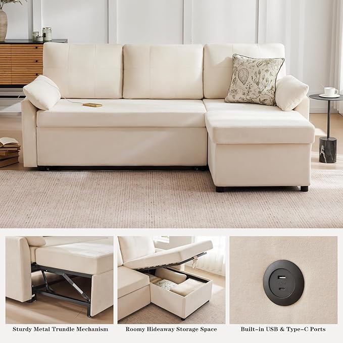 Waxberry Sectional Sofa Couch, Pull Out Couch Sleeper Sofa Bed with Storage for Living Room, Reversible Chaise, Side Pockets & Dual USB/Type-C Ports, Beige-Ruum Studio Home