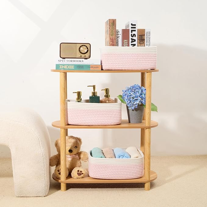 Small Storage Baskets for Organizing | Closet Organizer Bins | Shelf Toy Basket | Woven Rope Baskets | Cube Decorative Box | Shallow Basket | 13x8.5x5.1” | 3 Packs White Pink-Ruum Studio Home